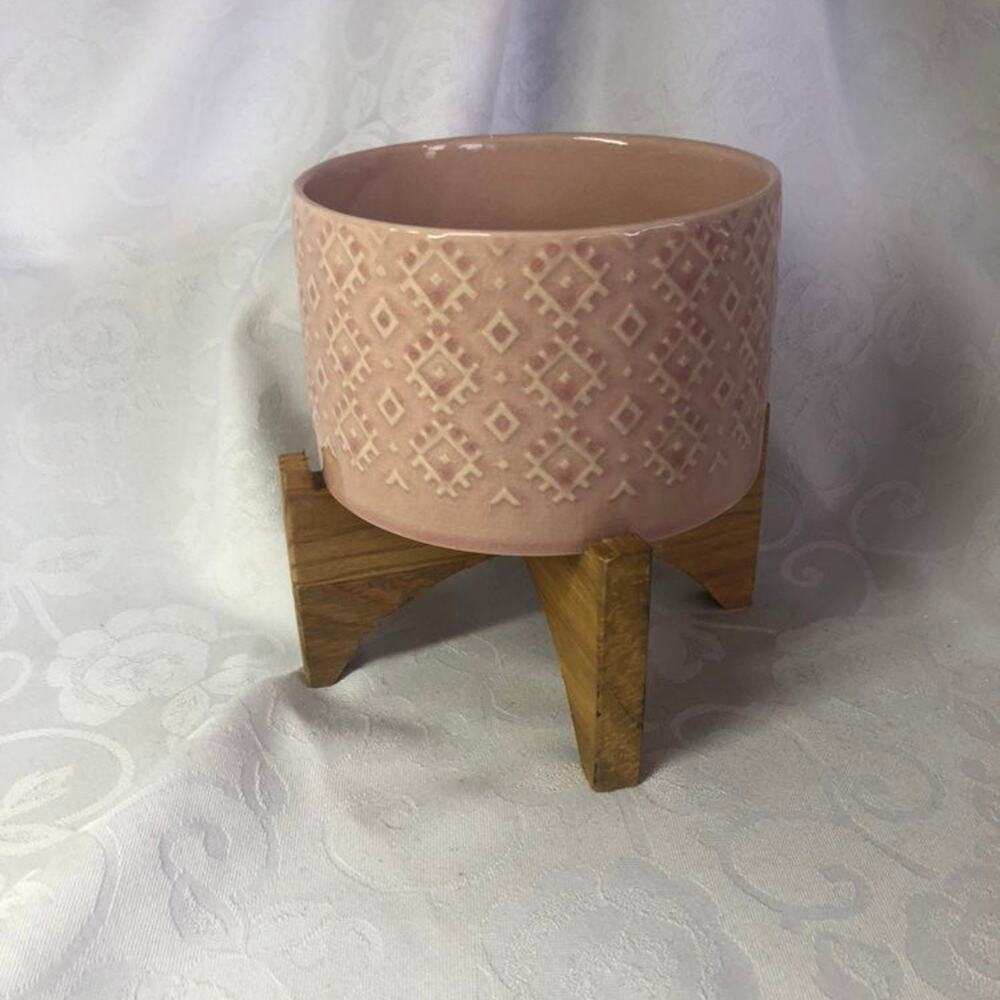 Geo Ceramic Planter 6.25" on Wooden stand - Picture 2 of 4